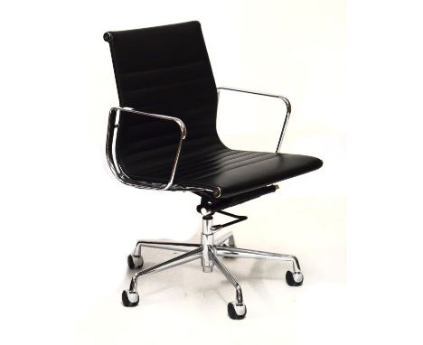 Eames/Vitra-style black leather and chrome-finished swivel office armchair on five-pronged support with castors   Condition: 