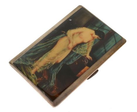 George VI engine turned silver cigarette case with modern faux enamel decoration depicting a lady bathing, Birmingham 1943, 5