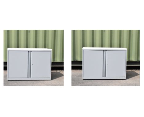 Two grey-finished metal office filing cabinets, each 100cm x 47.5cm x 72cm high (2) Condition: The image for this lot is a re