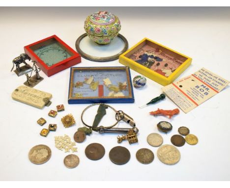 Quantity of interesting miscellanea, Chinese enamel pot and cover, George III silver crown etc   Condition: 