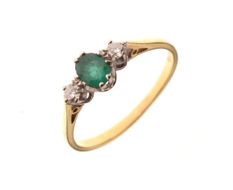 18ct gold dress ring set diamond and emerald coloured stone, size P, 2.4g gross   Condition: 