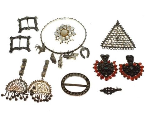 Pair of paste set shoe buckles, one other buckle, moonstone brooch, bangle etc   Condition: 
