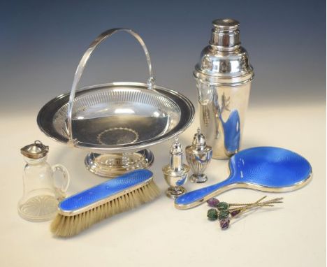 Silver plated cocktail shaker, silver blue enamel backed hand mirror and matching brush, two silver pepperettes, silver plate