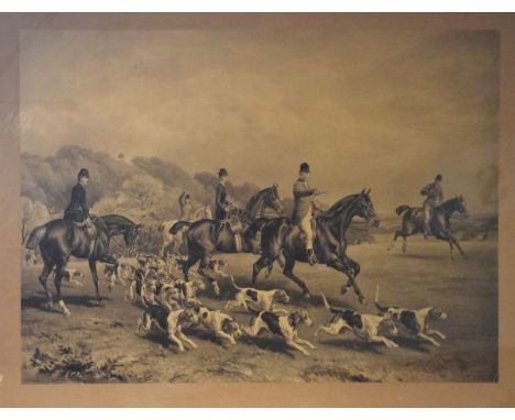 Vintage hunting print after W.H. Hopkins depicting horses and hounds in pursuit, 48cm x 72cm in Hogarth-type frame under glas
