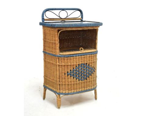 Retro woven wicker linen basket with glass shelf above   Condition: 