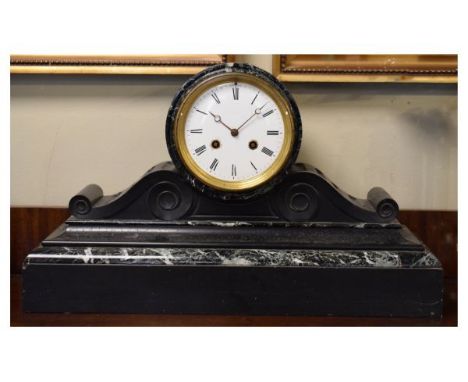 19th Century French black slate and marble cased mantel clock, the white enamel dial with Roman numerals, brass movement stri