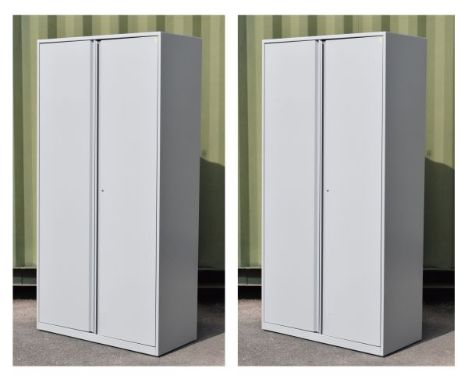 Pair of tall grey-finished metal office filing cabinets, each 100cm x 47cm x 198.5cm high (2)   Condition: The image for this