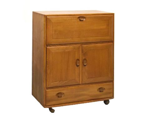 Ercol side cabinet with fall-front cupboard over twin doors and base drawer, 82cm x 44cm x 109cm high   Condition: 