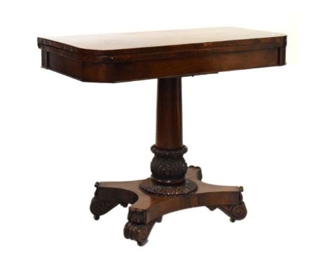 19th Century rosewood rectangular fold over card table, standing on a tapered carved pillar and quadripartite base with scrol