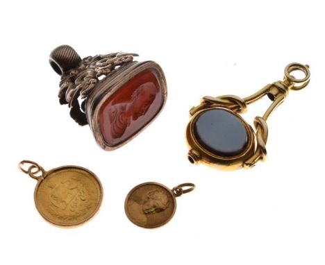 Middle Eastern gold coin, together with a portrait pendant of a Saint stamped '750', a swivel fob seal and one other fob seal