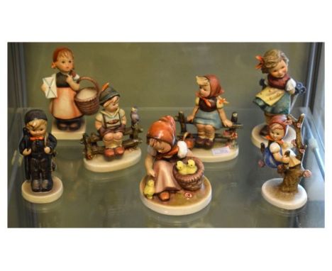 Seven Goebel Hummel figures - Meditation, Bashful, Just Resting, Wayside Harmony, Chimney Sweep, Chick Girl and Apple Tree Gi