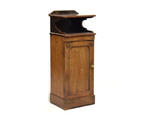 19th Century mahogany pedestal night cupboard having a superstructure with shelf and recess over arch-panelled cupboard door 