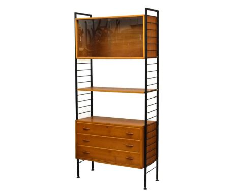 Staples 'Ladderax' teak modular furniture unit comprising two black metal uprights with sliding cabinet shelf and three drawe