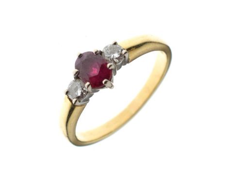 18ct gold ruby and diamond dress ring, size P, 4.3g gross   Condition: 