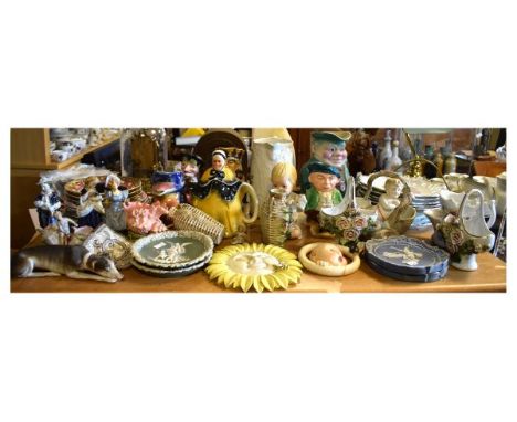 Assorted ceramics to include; ribbon plates, Shorter Father Neptune jug, Melba Ware Punch jug, relief moulded plaques, ribbon