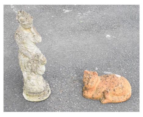 Garden Ornaments - Reconstituted figure of a maiden, 68cm high, together with a terracotta model of a recumbent cat, 34cm lon