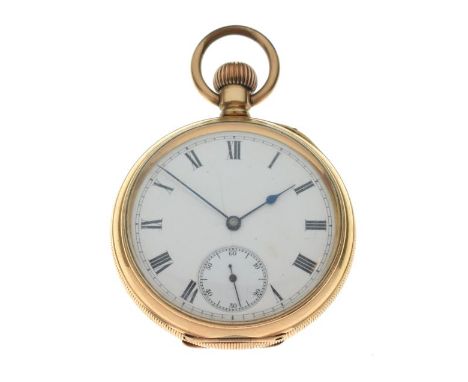 Gentleman's gold plated top-wind pocketwatch, the white Roman dial having subsidiary seconds dial, with engine turned engrave