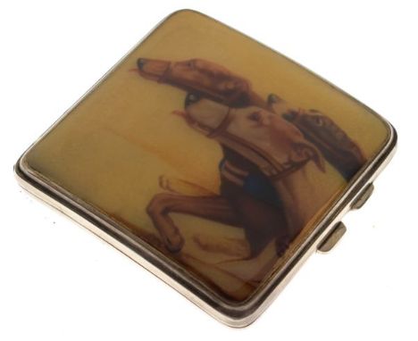 George V silver cigarette case with modern faux enamel decoration depicting greyhounds, Birmingham 1925, 4.1toz approx gross 