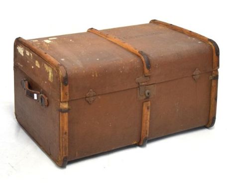 Wooden-bound canvas travel trunk, 71cm x 49cm x 40cm high   Condition: 