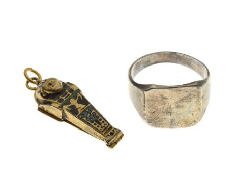 Gentleman's silver signet ring and a gilt metal Egyptian mummy charm opening to reveal a loose mummy figure inside Condition: