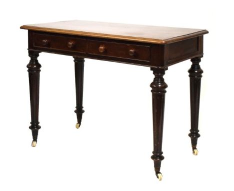 19th Century mahogany two-drawer writing table with moulded oblong top on fluted turned tapering supports and ceramic castors