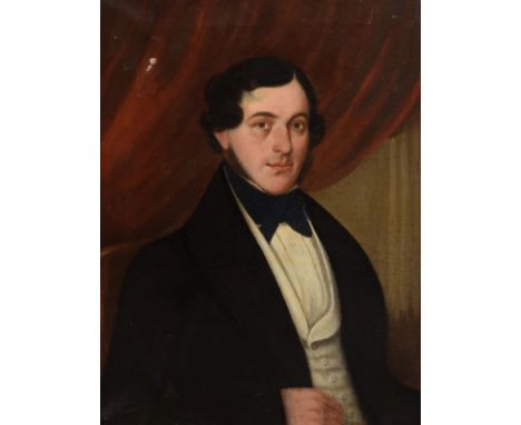 19th Century English School - Oil on canvas - Portrait of a young gentleman wearing a white waistcoat and black jacket, 53.5c