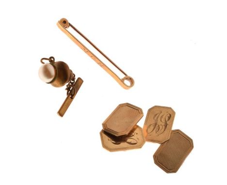 Pair of 9ct gold engine turned and monogrammed cufflinks, a bar brooch stamped '9ct', and a collar stud, 7g gross approx   Co