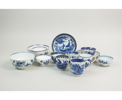 A selection of English porcelain blue and white wares, 18th century, to include a Worcester Three Flowers pattern bowl, 12cm,