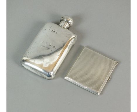 A Victorian silver hip flask, London 1893, with engraved inscription, 14.3cm high, together with an engine turned silver ciga