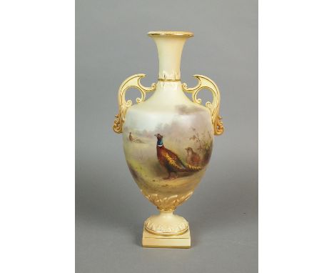 A Grainger & Co Worcester porcelain blush ivory two handled vase, painted with pheasant by James Stinton, signed 'Jas. Stinto