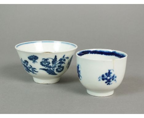 A Caughley 'Three Flowers and Butterfly' tea bowl with slightly everted rim and internal double blue line border, 8.5cm diame