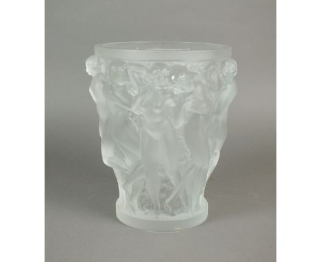 A Lalique frosted and moulded glass Bacchantes vase, of tapering bucket form the base incised 'Lalique R, France' and 'FO34',