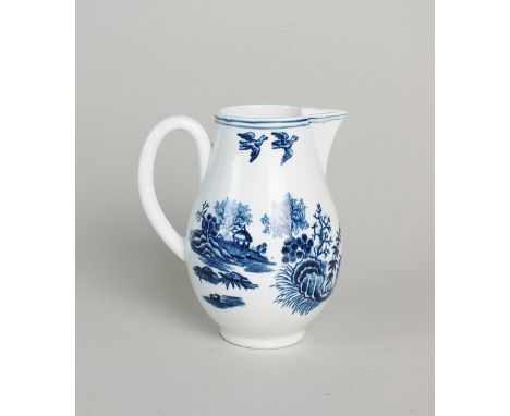 A Worcester porcelain blue and white sparrow beak cream jug, late 18th century, printed with the Fence pattern, underglaze bl