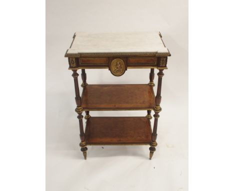 A LOUIS XVI STYLE GILT METAL MOUNTED, KINGWOOD AND MARQUETRY SIDE TABLE the marble top within a foliate border above a drawer