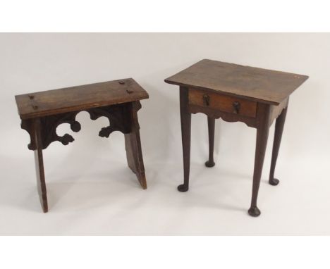 AN OAK JOINT STOOL the rectangular top above an earlier carved bracket decorated with trefoil and foliage, 51cm high, 50cm wi