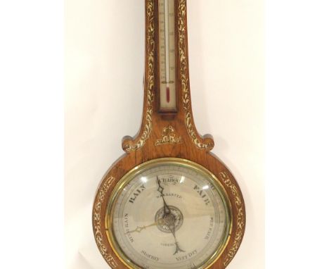 A VICTORIAN ROSEWOOD WHEEL BAROMETER AND THERMOMETER decorated with abalone shell foliage, with silvered dials, 104cm high Co