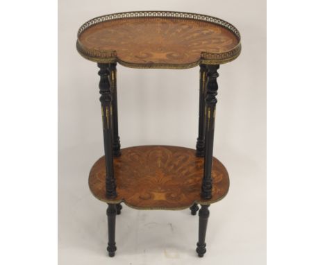 A FRENCH ROSEWOOD MARQUETRY OCCASIONAL TABLE inlaid with foliate panels beneath a three-quarter brass gallery and joined by e