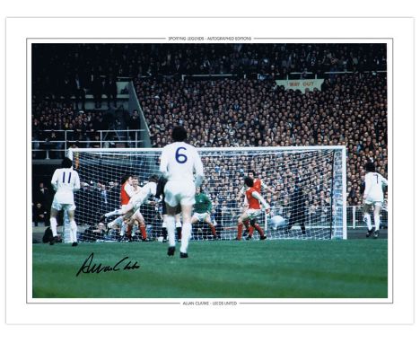 Autographed ALLAN CLARKE 1972 16 x 12 Edition : Col, depicting Leeds United striker ALLAN CLARKE diving full length to head t