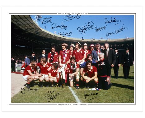 Autographed MAN UNITED 1977 16 x 12 Edition : Col, depicting Manchester United players celebrating with the FA Cup in front o