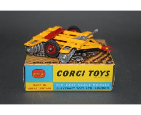 A Corgi wheel controlled tandem disk harrow (71) and a four furrow plough (61), both displayed with yellow and blue picture b