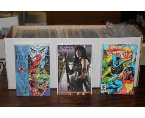 A box of +/- 300 comics and graphic novels, including Valiant comics, DC comics, and Darkhorse comics, titles including "The 