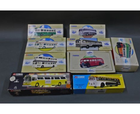 A group of nine Corgi Classics diecast model buses, comprising Peoria (54506), Market Street, Railway, San Francisco (54008),