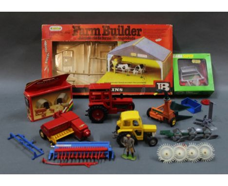 A group lot of Britain's plastic and diecast model vehicles and accessories, including a farm builder, 2 shelters with animal
