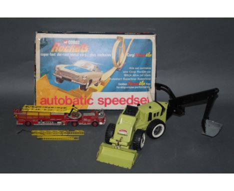 A Corgi Rockets Autobatic speed set, a Corgi "Ariel Rescue tractor", fire engine, a Tonka trencher, a Matchbox Super Fast SF-