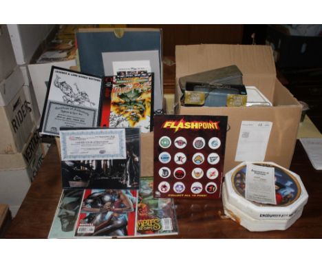 A box of Marvel and other related comics, signed ephemera, to include Legends and Lore, Flash Point pin badges, the Hamilton 