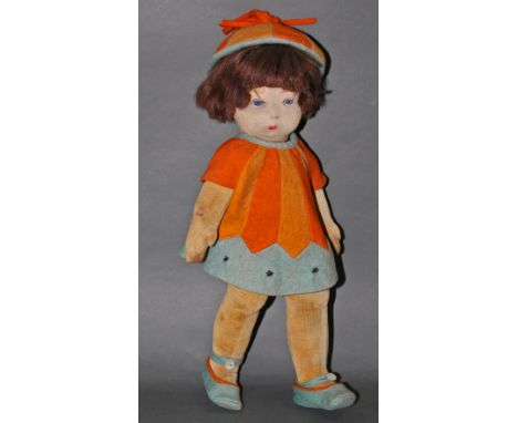 A 1920's/30's Chad Valley cloth Bambina child doll, having glass eyes, painted facial features, articulated limbs and orange 