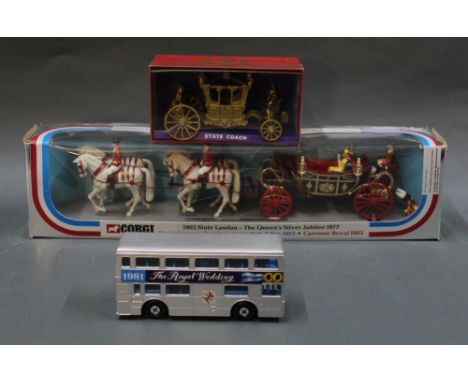 A Corgi 1902 State Landau-The Queens Silver Jubilee 1977 model, a Crescent toys state coach (1303), and a Matchbox Super King