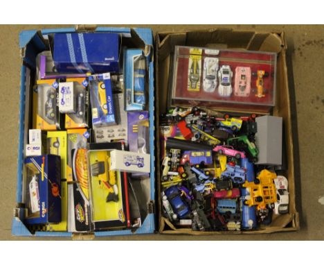 Two boxes of mixed diecast model vehicles, including boxed Corgi and Solido, and various Matchbox and other models