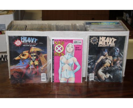 A box of +/- 300 comics, including Marvel comics and Heavy Metal comics , titles including "Sinister Tales", "Jenny Sparks", 