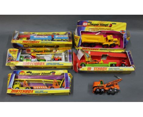 A group lot of 5 boxed Matchbox Super Kings models, comprising a K16 twin tipper action 22 wheeled dodge tractor, a K20 cargo